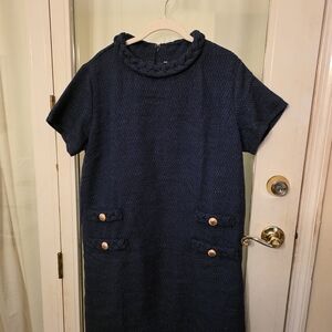 Navy Tweed  Short Sleeve Dress with Button Accents